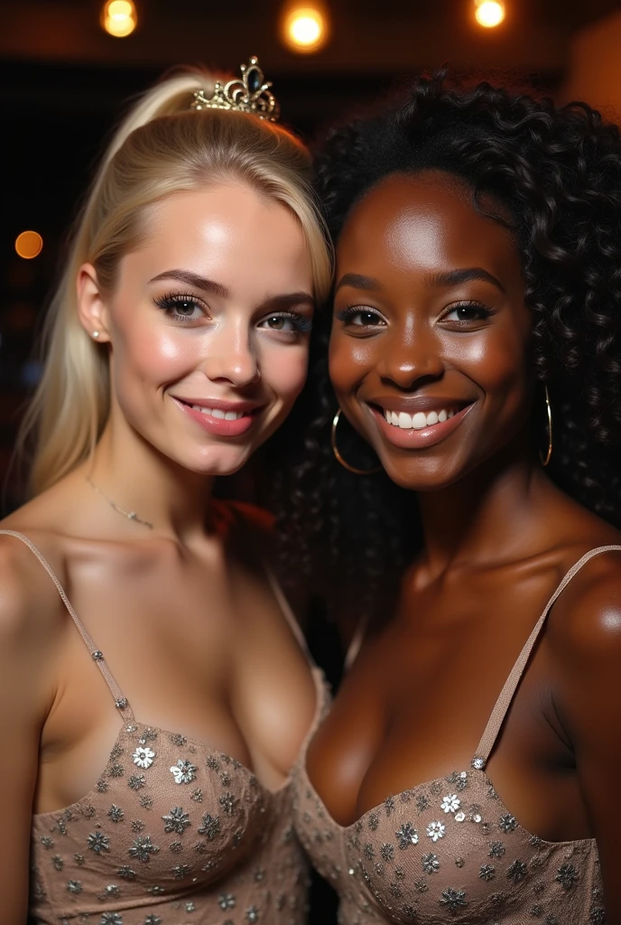 Two girls, albino girl and african black girl young s, tight cleavage, moles on her face, frekcles, inocent face, two girls, babyface, beautiful ladies, bodies front to camera, both have cleavage, close smile smile, crown on her head, queens, at party, selfie, busty, happy face, flirthing face,dress, waiting for cum,in love face, chest full of moles, sluts