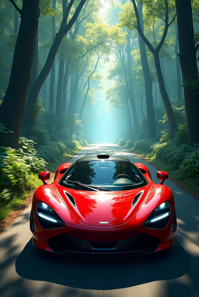 A red car with driving in blue trees
Open sunroof