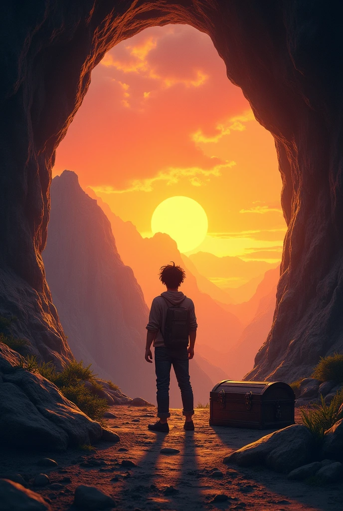 Create an image of a single man , black hair and 3, front at the entrance of a cave and inside it an empty wooden chest. And with a sunset in the background