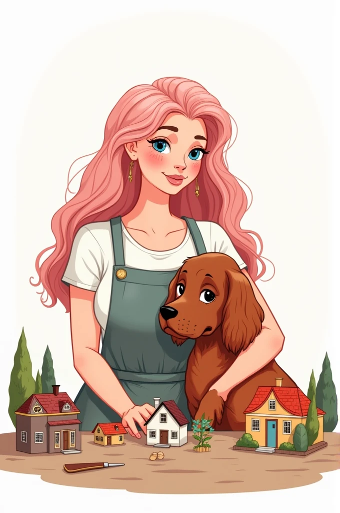 draw basic style, vector line art. Create avatar of curvy craftswoman girl, very beautiful upper body. Long light pink hair, blue eyes, wide smile, white t-shirt with apron. She is hugged with a charming red irish setter dog. in the table, working with mini houses dioramas. Specific art, fanart, candy color, white background, clipart illustration, simple art, cartoon 2D, no shading, PNG, front view