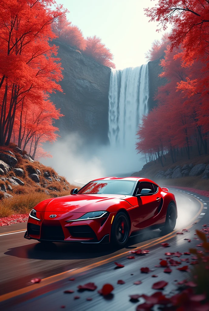 A car in red in a road with red trees around and water fall with driving