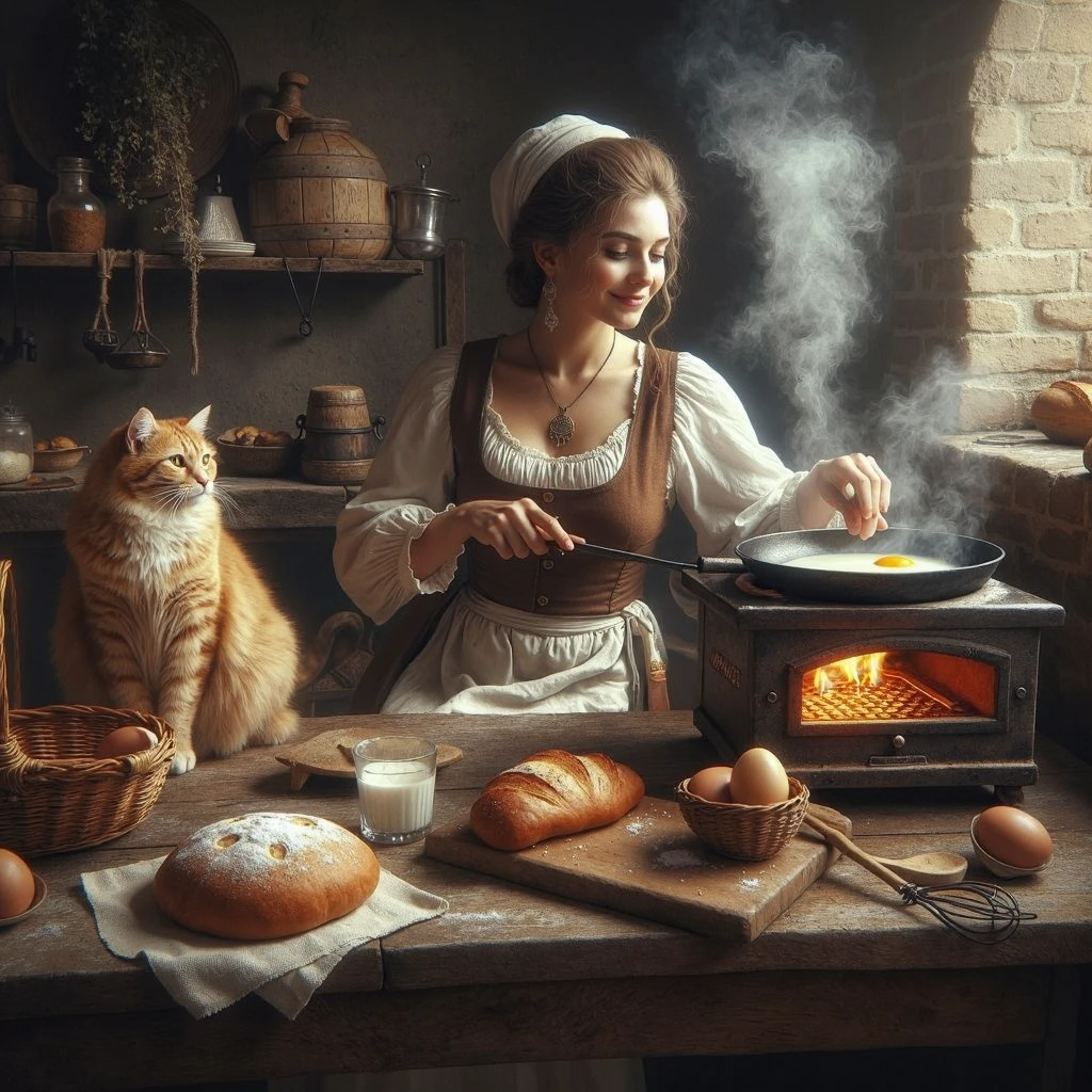 a beautiful medieval woman with a content expression on her face, frying an egg using a Medieval Hot Plate with wood burner, in a mediocre Medieval Kitchen, with a ginger cat sitting on the kitchen table, a basket of freshly baked bread in the corner, wearing an apron with flour stains, in an insanely detailed and intricate, photo realistic oil on canvas painting style with cinematic lighting