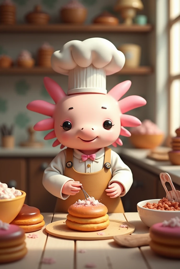  I need animal axolotl dressed as a pastry chef and nombre the seeet memory, is a entreprenaut the bakery and catering but create 3 d imagen 