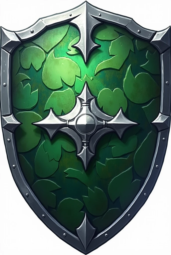 a shield of green paves with silver and leaf shape, solid and big

