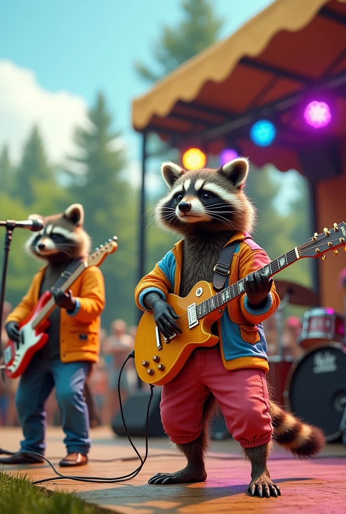 Raccoon、band、Outdoor Festival、Stage seen from diagonally ahead、
Real、photograph、4 hp、high resolution、movie、illumination、colorful、the beatles、guitar、drum、base、keyboard、
