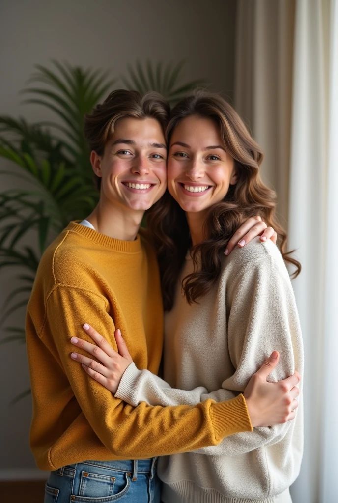  A handsome guy with his mom could be a side hug where their both face the camera, smiling. He could also try a pose where you hold her hand or rest his head on her shoulder for a sweet, affectionate moment. If you prefer something more playful, he can do a "back-to-back" pose, where he stand with his  backs touching, arms crossed, and both of them looking at the camera with a smile.