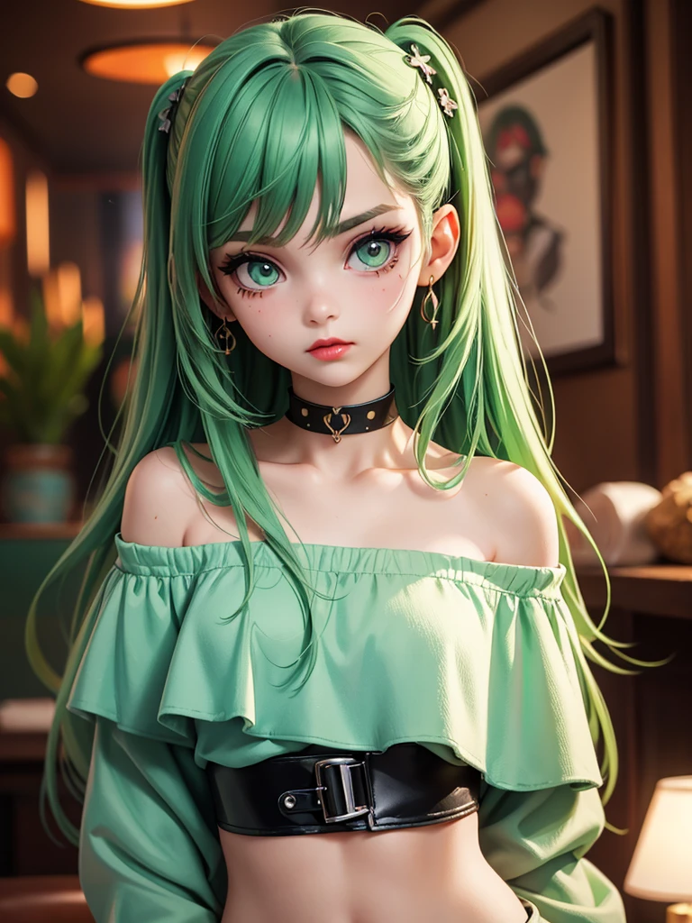 Surreal American , Green Hair, a bit, perfect Small body, sexy, Heavy makeup, Small choker, Perfect slim face, Big Red Lips, Very cute face, , Big eyes, looks young, Mature appearance, Off Shoulder,tattoo,tattoo