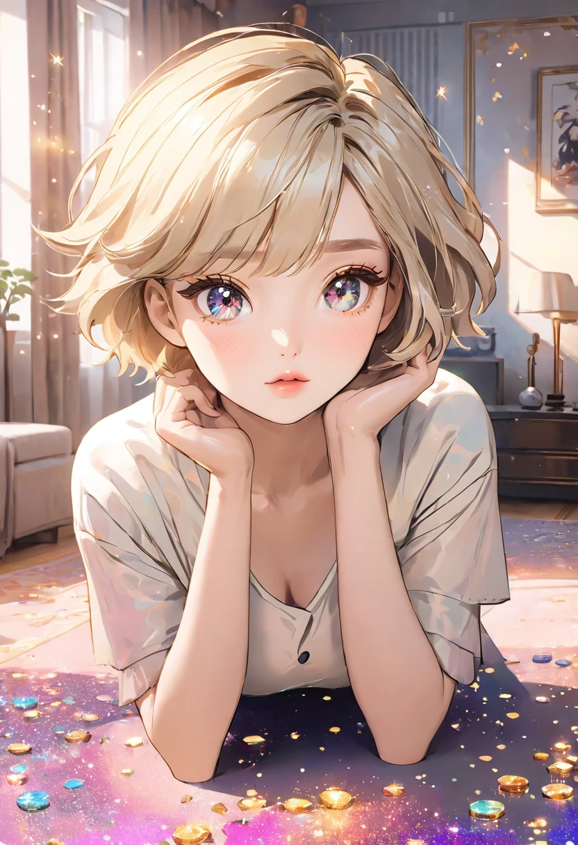 A beautiful girl with short blonde hair playing games in a stylish living room. A masterpiece. Korean-style glitter eye makeup. Mature.
