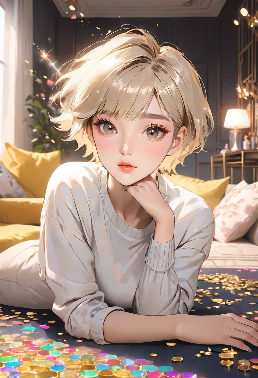 A beautiful girl with short blonde hair playing games in a stylish living room. A masterpiece. Korean-style glitter eye makeup. Mature.