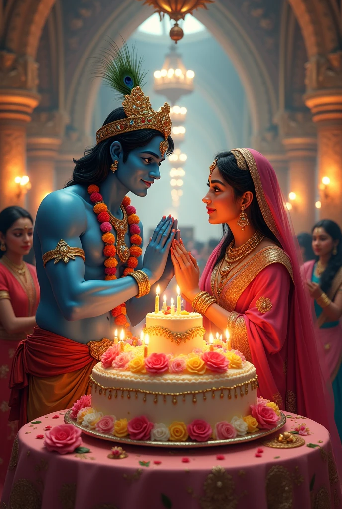 krishna and cake and birthday party with radha 