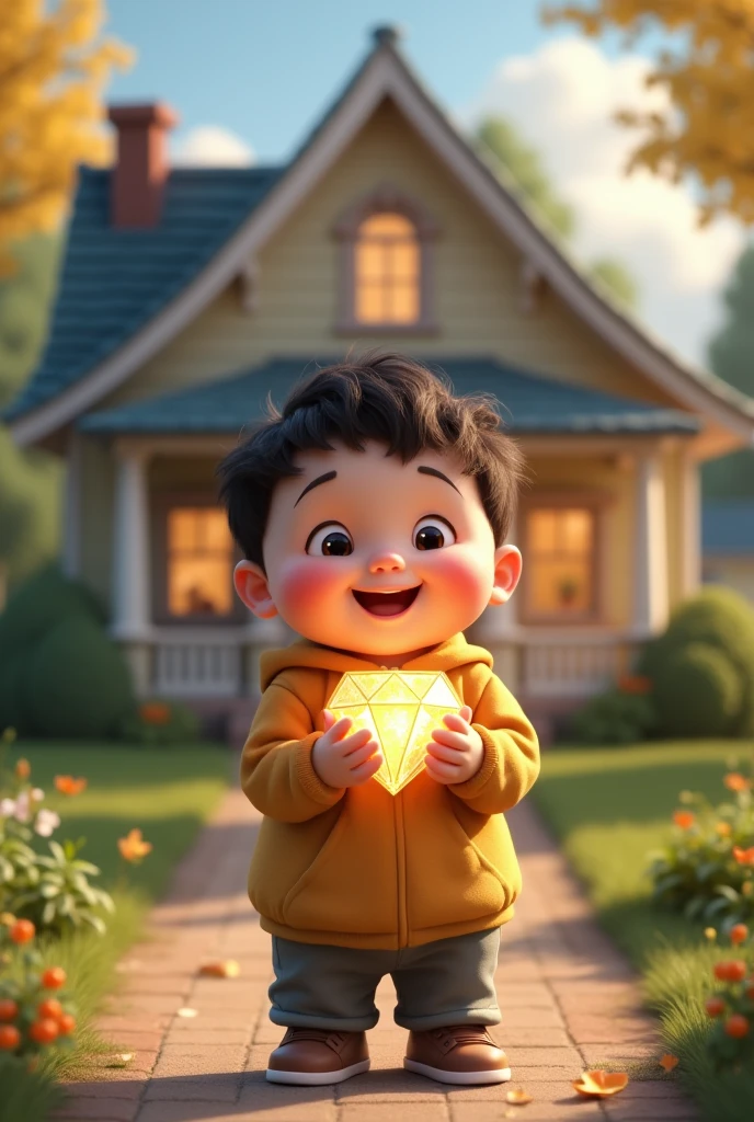 Draw me a picture , chubby boy holding diamond decoration in front of house