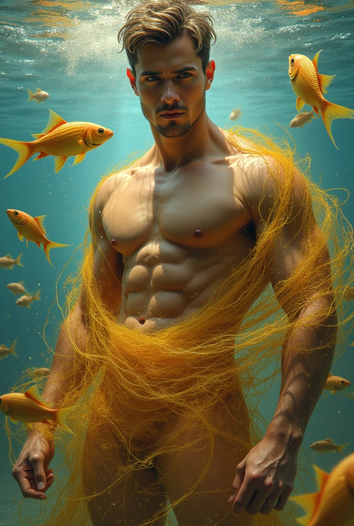 HQ drawing of a beautiful man with a golden net around his body underwater with golden fish.