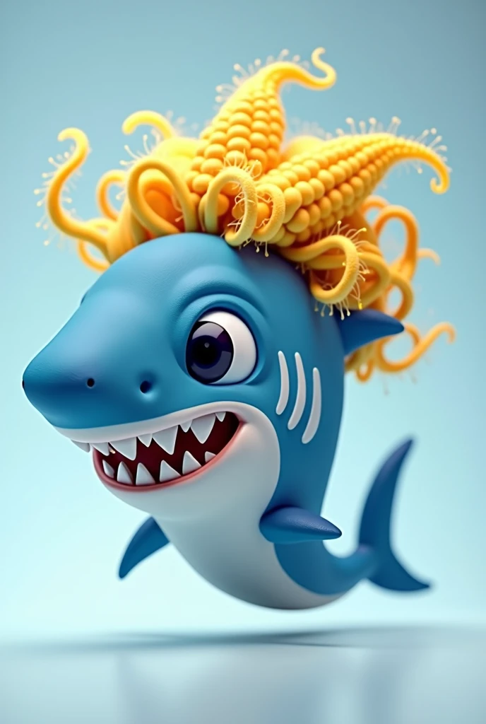 an animated shark in blue and white colors with curly corn hair