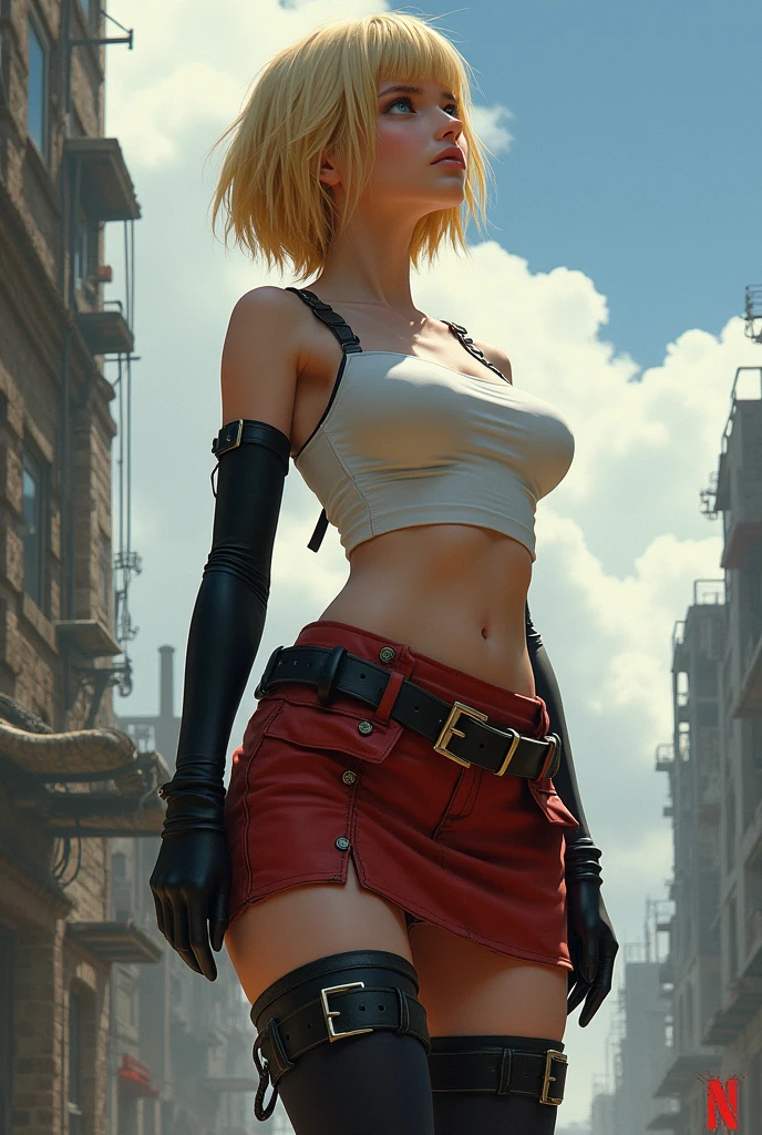xoaeriel, a blonde ager, blue eyes, short hair,wearing a red skirt and ,White crop top,black thigh high stockings,black elbow length gloves, big breasts, realist, belts on thighs in post apocalyptic world looking up at cloudy sky