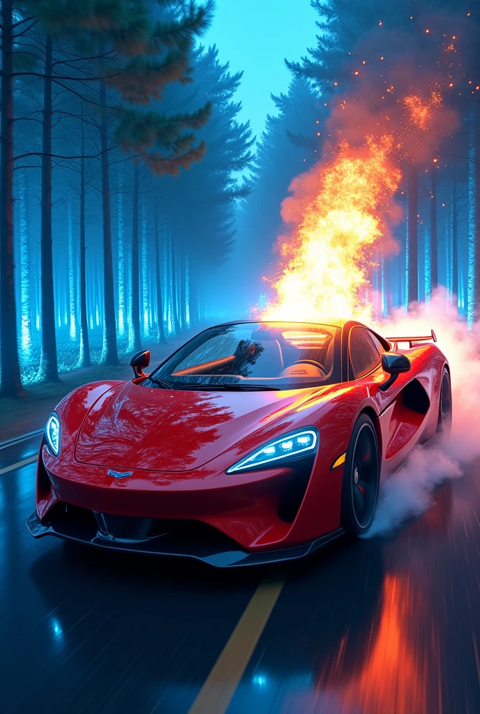 A red car with driving in blue trees 
Open sunroof with fire 