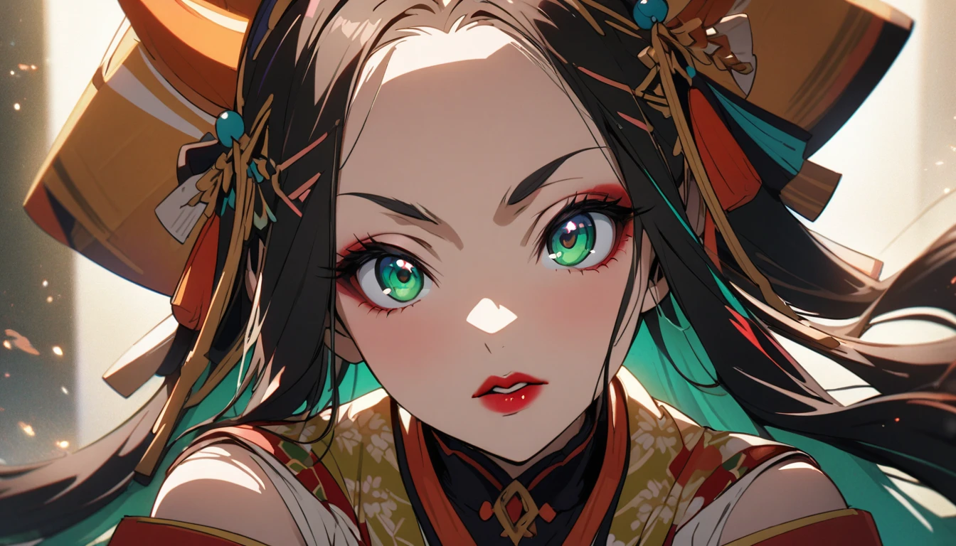 Japanese Oiran、Emerald green eyes、Beautiful eyes、Big eyes、Beautiful Japanese hair accessories、Red lips、anime、Masterpiece、Face close-up