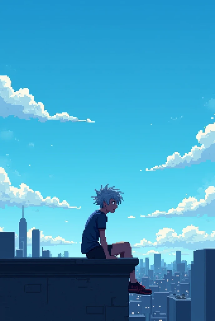 Make me the image of a ager with silver hair sitting on the roof of a building looking at the blue sky with a bit of the city in the background seen from behind with a dark filter to give it a melancholic touch, all in pixel art