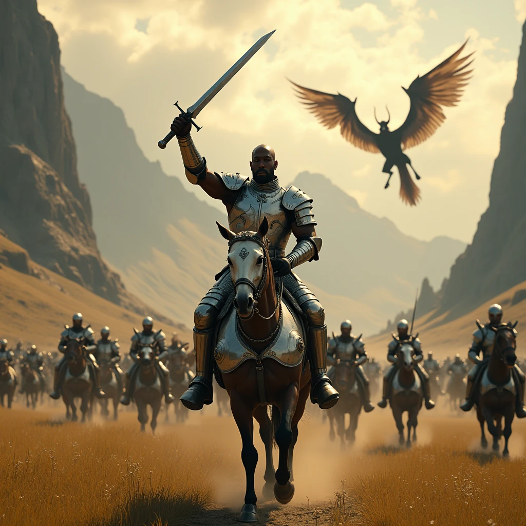 /imagine a wide angle aerial view of a a realistic intricately detailed handsome muscular bald headed African man with a fierce screaming facial expression, wearing a silver medieval fantasy knight armor while raising a realistic intricately detailed medieval sword up in triumph, he is valiantly mounted on a realistic intricately detailed heavily armoured medieval horse in front of an army realistic intricately detailed medieval fantasy knights (wearing silver medieval fantasy knight armor) marching through a realistic intricately detailed beautifully sunlit valley of pale yellow grass featuring giant realistic intricately detailed wyverns with enormous wingspan flying out of a realistic intricately detailed medieval fantasy kingdom with tall/high walls surrounding it, carved into the mountains in the distant background, ethereal golden yellow sunrays and grey cloudy skies : cinematic lighting, dynamic lighting blends seamlessly with natural light, ultra HD resolution, photography, photorealistic quality, high details, dark grey monochromatic color grading, dark grey monochromatic atmospheric color grading, extreme dark grey monochromatic atmospheric diffused lighting, extreme dark grey monochromatic atmospheric haze/fog, realistic, golden yellow sunrays, ((make it a realistic movie poster with a dramatic text GUARDIANS OF HALAR: RISE OF THE DEFENDERS)) broadly/boldly written across the poster in a stylish medieval fantasy way.