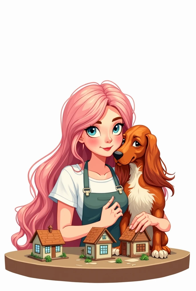 draw basic style, vector line art. Create avatar of  curvy craftswoman girl, very beautiful upper body. Long light pink hair, blue eyes, wide smile, white t-shirt with apron. She is hugged with a charming red irish setter dog. in the table, working with mini houses dioramas. Specific art, fanart, candy color, white background, clipart illustration, simple art, cartoon 2D, no shading, PNG, front view 