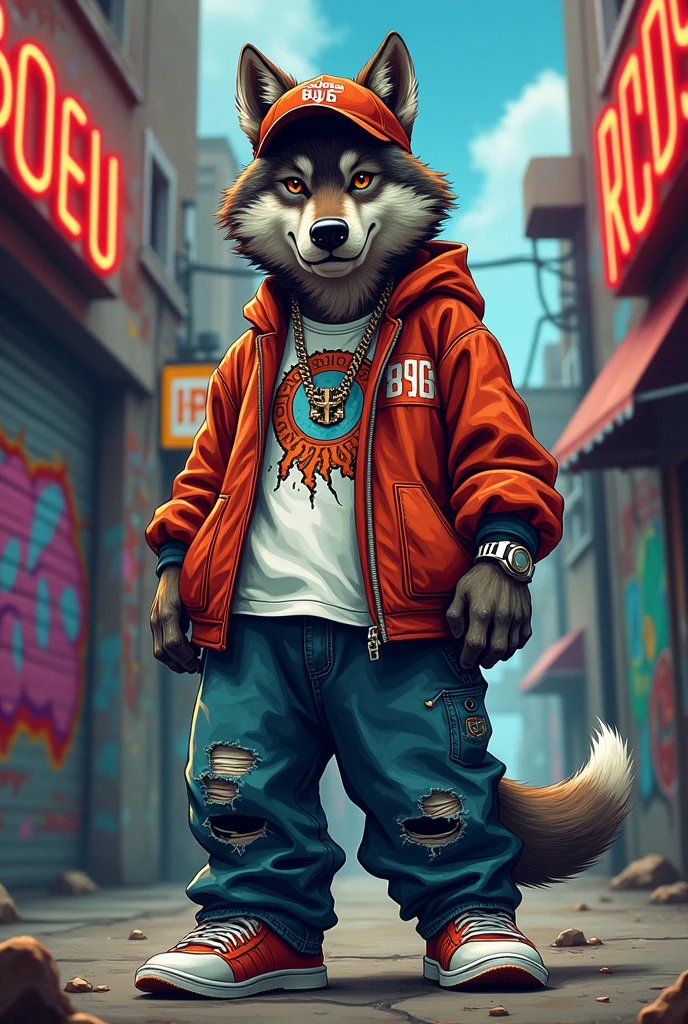 Drawing of a wolf that does hiphop and is dressed like the rappers of the 90s