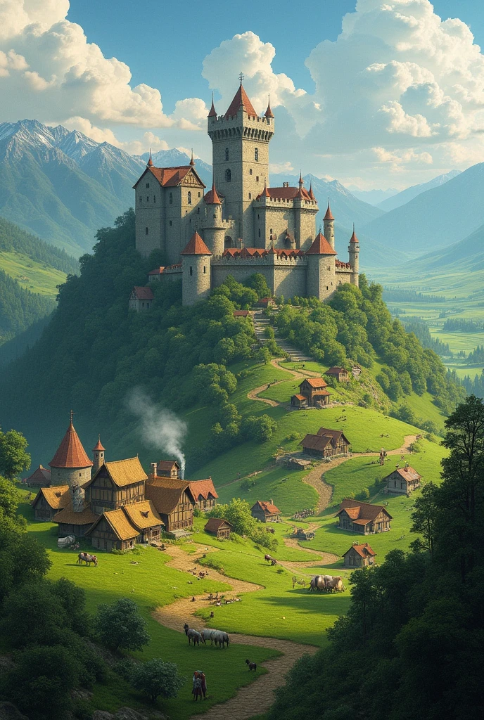 Medieval land in the background with a castle, peasant houses, green mountains