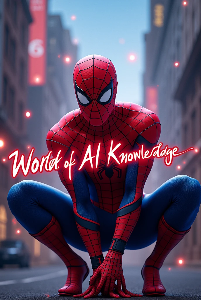 Please create for me a stunningly beautiful banner featuring a fun and humorous Spider-Man hugging the text in the center of the frame that says 'World of AI Knowledge'