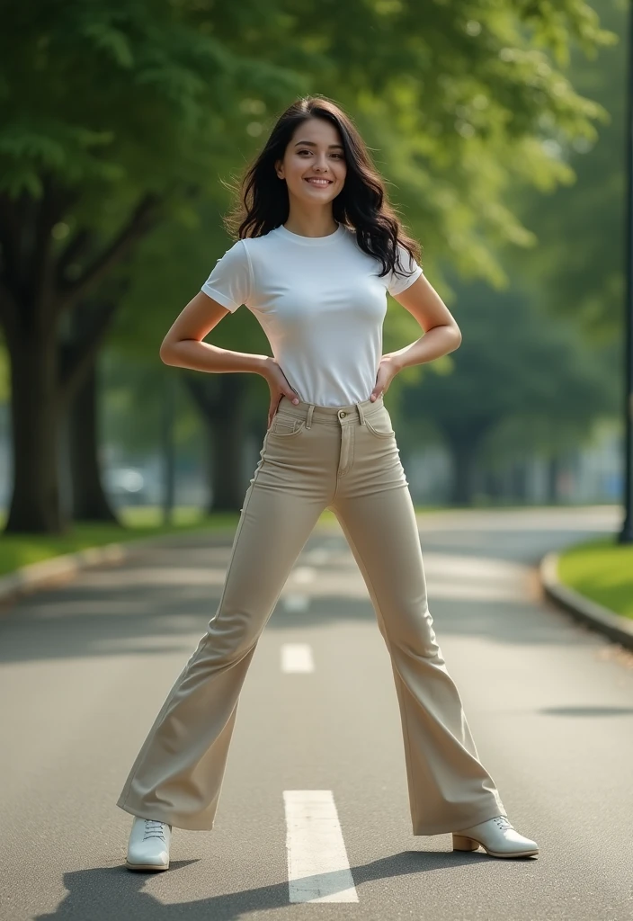 A young female football player with a very beautiful face, fair and smooth skin, a golden ratio figure, wearing a fitted short sleeved T-shirt, ironless bell bottoms, ankle coverage, slim waist, wide hips, hourglass figure, beige socks, white low heeled leather shoes, standing on the roadside in the park with her legs spread apart, the ground in front of her feet wide, and her hands on her hips. Black wavy hair, smiling, looking at you affectionately. Realistic, 8K,