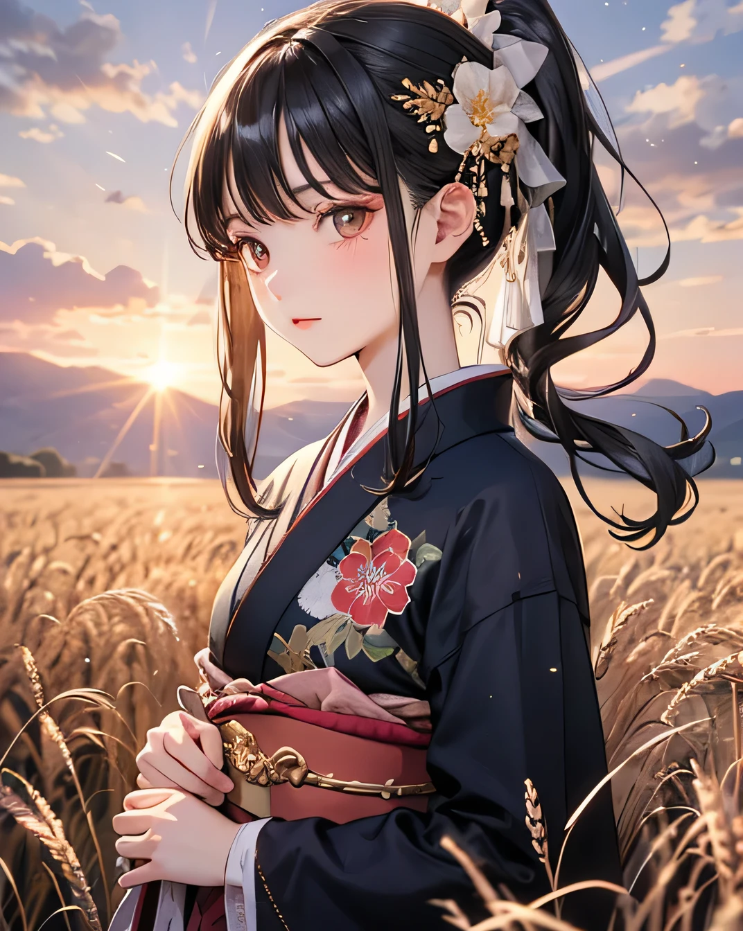 Highest quality, masterpiece, (Beautifully detailed face), (Beautiful attention to detail), One beautiful woman, A girl in a kimono stands expressionless in a wheat field up to her waist, Black kimono with gold rimming, her hair is tied in a ponytail, Yellow Eyes, The sunset in her eyes, The light hits her face, Half landscape orientation to the camera