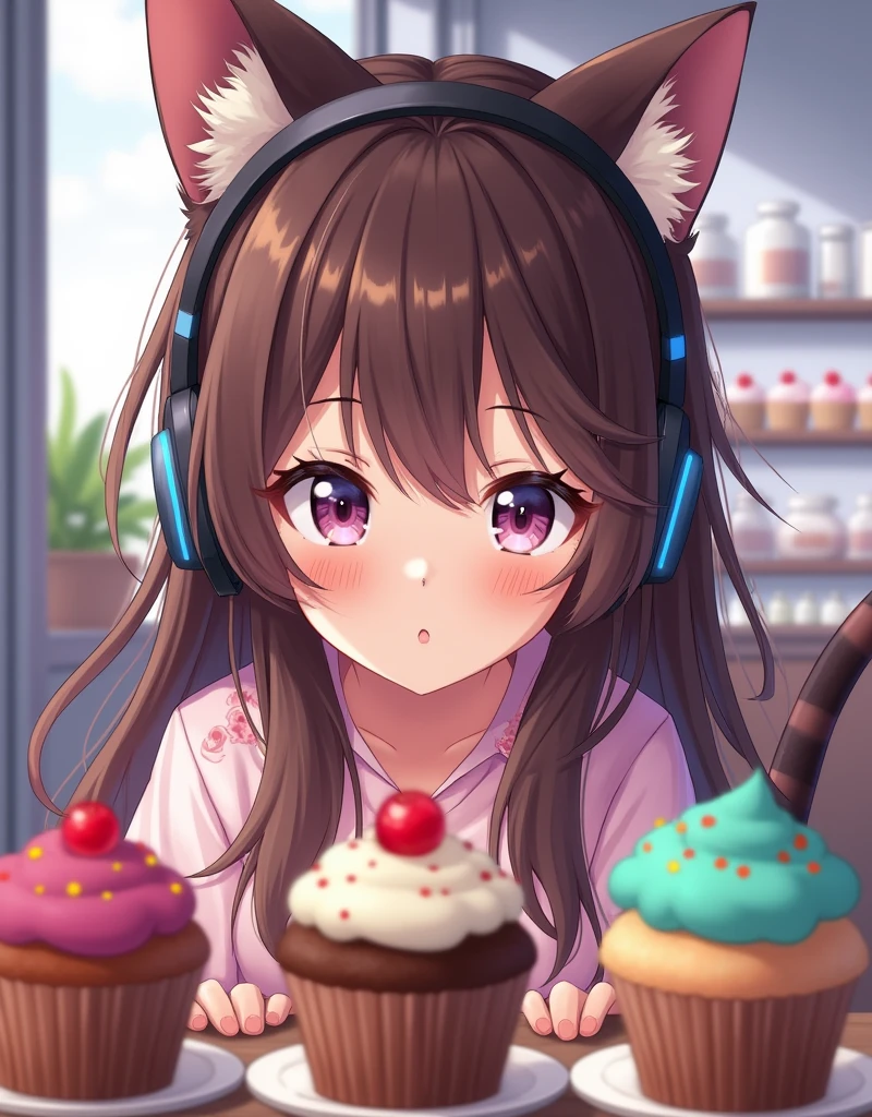 (hair swept bangs:1.3), (long brown hair:1.3),anime style, from girls frontline, fine details. girls frontline, girls frontline universe, girls frontline style, girls frontline, girls frontline cg, there is a girl that is looking at a display of cupcakes, wearing cat ear headphones, girl with cat ears, anime girl with cat ears, neko, woman with cat ears, very beautiful cute catgirl, anime ears, cat ears, attractive cat girl, cat ears on her head, anime catgirl, with head phones, fake cat ears, with headphones