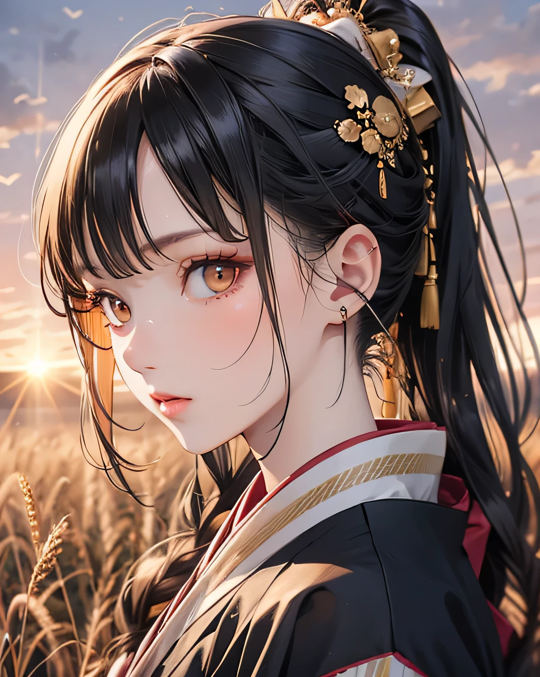 Highest quality, masterpiece, (Beautifully detailed face), (Beautiful attention to detail), One beautiful woman, A girl in a kimono stands expressionless in a wheat field up to her waist, Black kimono with gold rimming, her hair is tied in a ponytail, Yellow Eyes, The sunset in her eyes, The light hits her face, Half landscape orientation to the camera