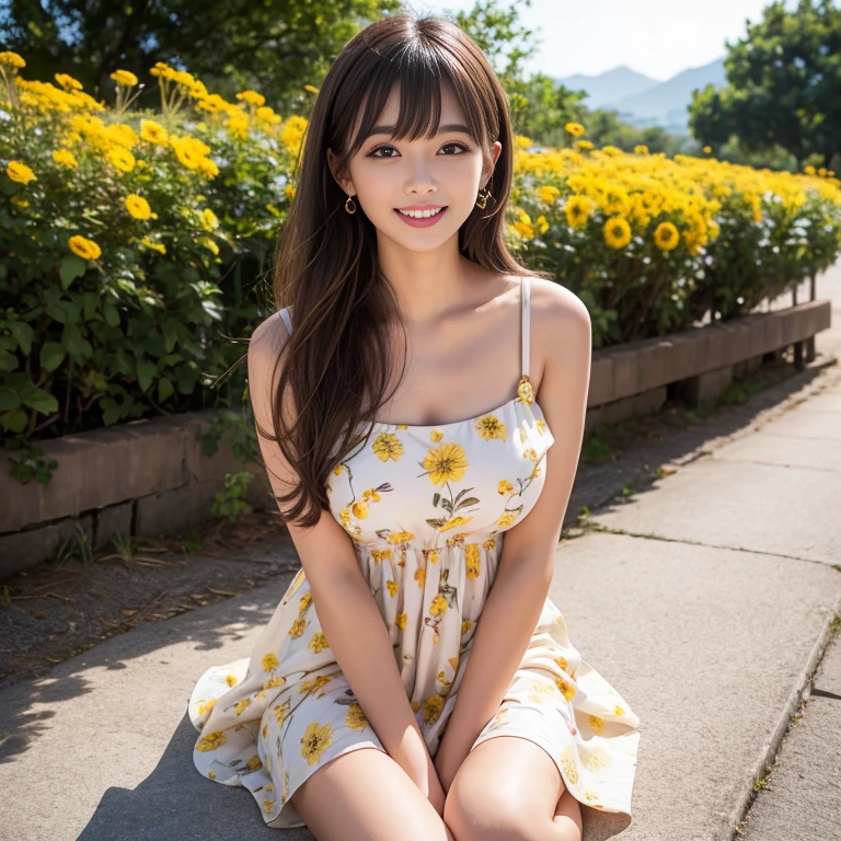 laughing out loud，travel scenery photos，Wear a cute dress，Dress with yellow flower pattern，1 female, On the face, light brown hair, blunt bangs, hair behind ears, Shoulder-length hair, long hair, Slender body type, 超face slimming型, face slimming, delicate lips, beautiful eyes, Thin blush, Eyes are light brown,View here, (actual:1.3), One person's perspective, 8k, Super detailed, high quality, best quality, High resolution，2,above knee shot，Breast protrusion，Full breasts