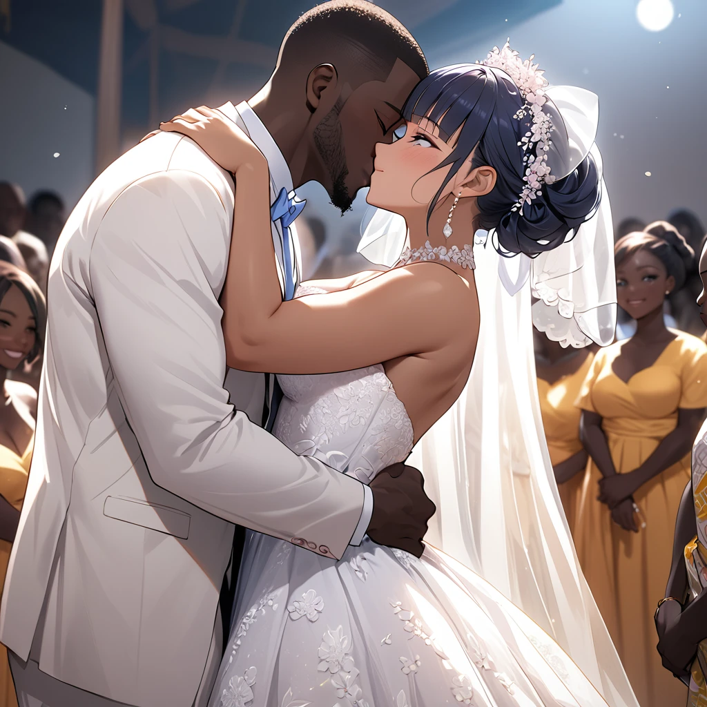 ((Highest quality)), ((masterpiece)), (detailed), （Perfect Face）、The woman is Reika Aoki, a Ghanaian woman with semi-long hair.、The woman is having her wedding ceremony in Ghana with a Ghanaian man, embracing and kissing each other.