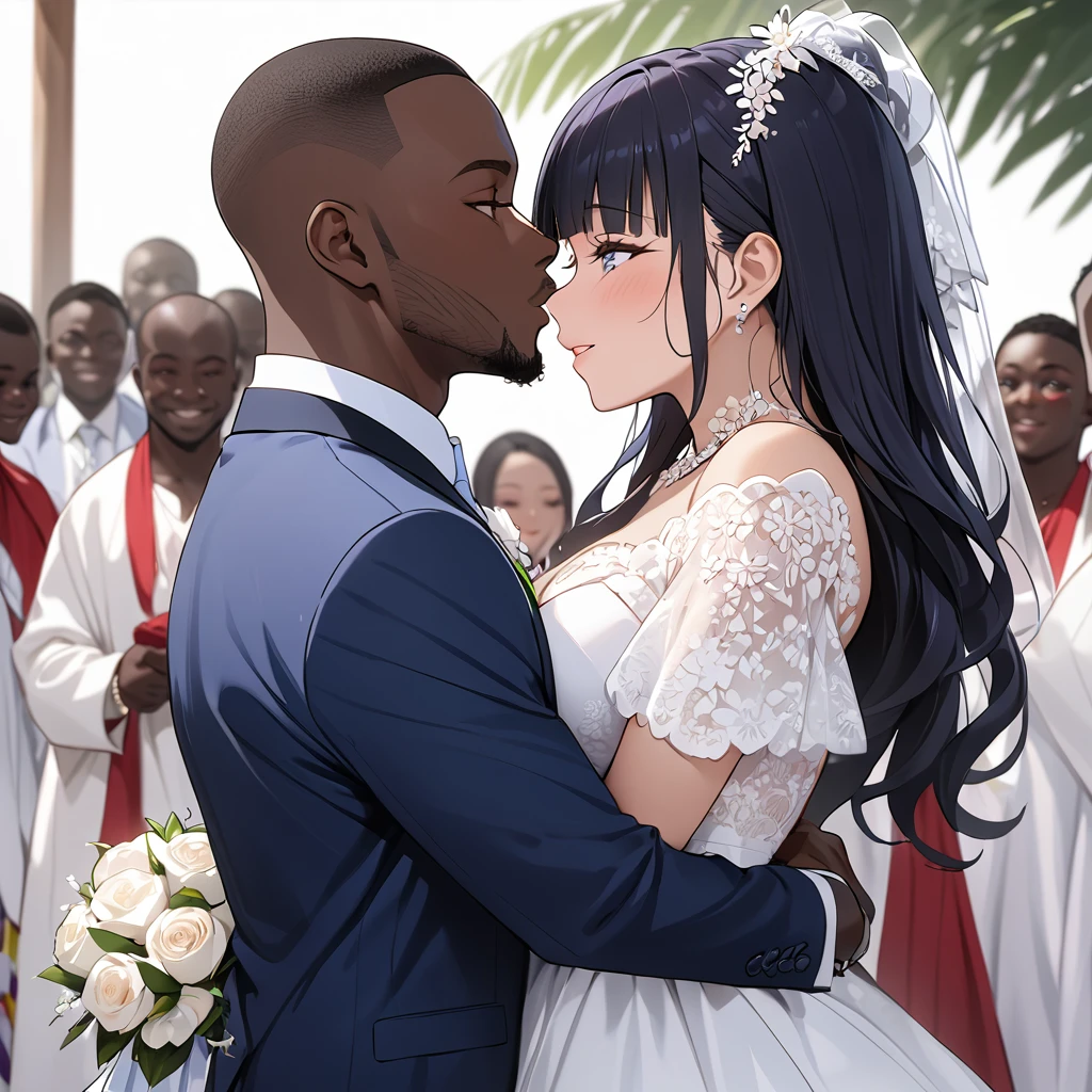 ((Highest quality)), ((masterpiece)), (detailed), (Perfect Face)、The woman is Reika Aoki, a Ghanaian woman with semi-long hair.、The woman is having her wedding ceremony in Ghana with a Ghanaian man, embracing and kissing each other.