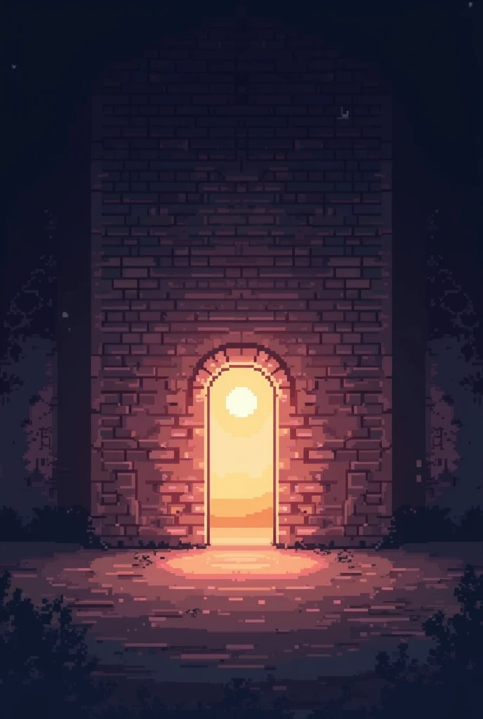 pixelart, Light pink brick wall in the dark with the center illuminated by a small circular light