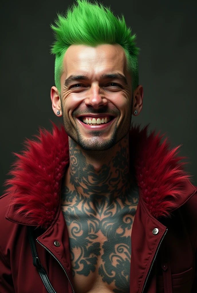 high resolution、Realistic、masterpiece、8k、Russian man、tall、Green reverse hairstyle、Long nape、Long kneading、cheekbones are protruding、Shaky jaw、no eyebrows、Sharp eyes、Bad teeth alignment、canine teeth are sharp、Nose ring piercing、Invincible laughter、Large tattoo in the center of the chest、Dark red feather collar jacket、open breast