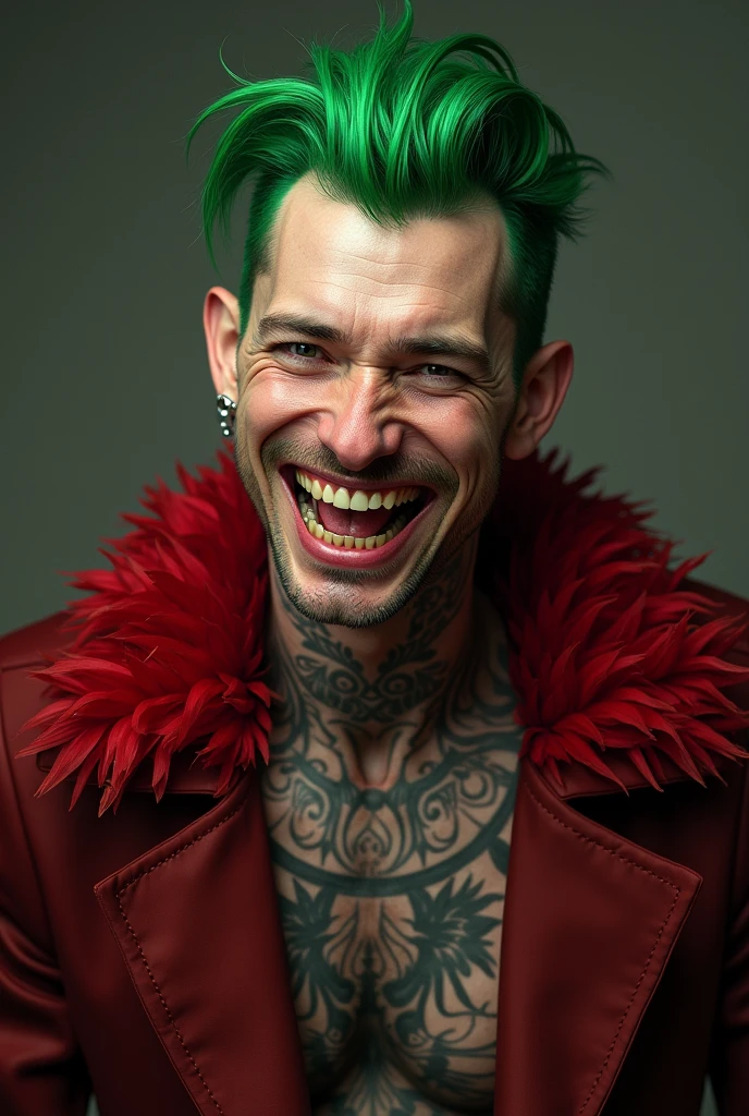 high resolution、Realistic、masterpiece、8k、Russian man、tall、Green reverse hairstyle、Long nape、Long kneading、cheekbones are protruding、Shaky jaw、no eyebrows、Sharp eyes、Bad teeth alignment、canine teeth are sharp、Nose ring piercing、Invincible laughter、Large tattoo in the center of the chest、Dark red feather collar jacket、open breast