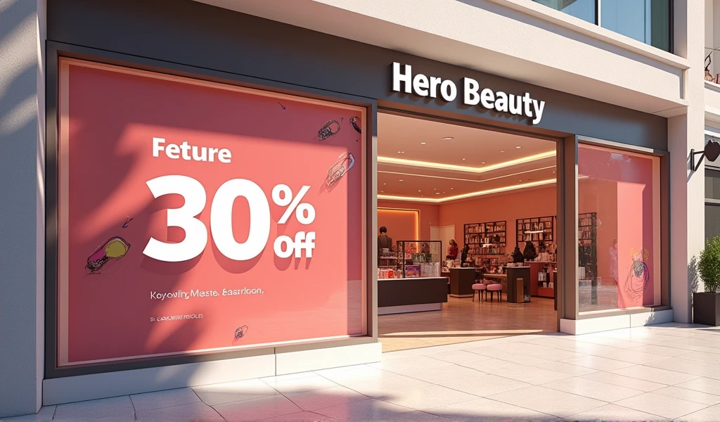 Um banner com nome da loja Hero Beauty loja de maquiagem com 30% off