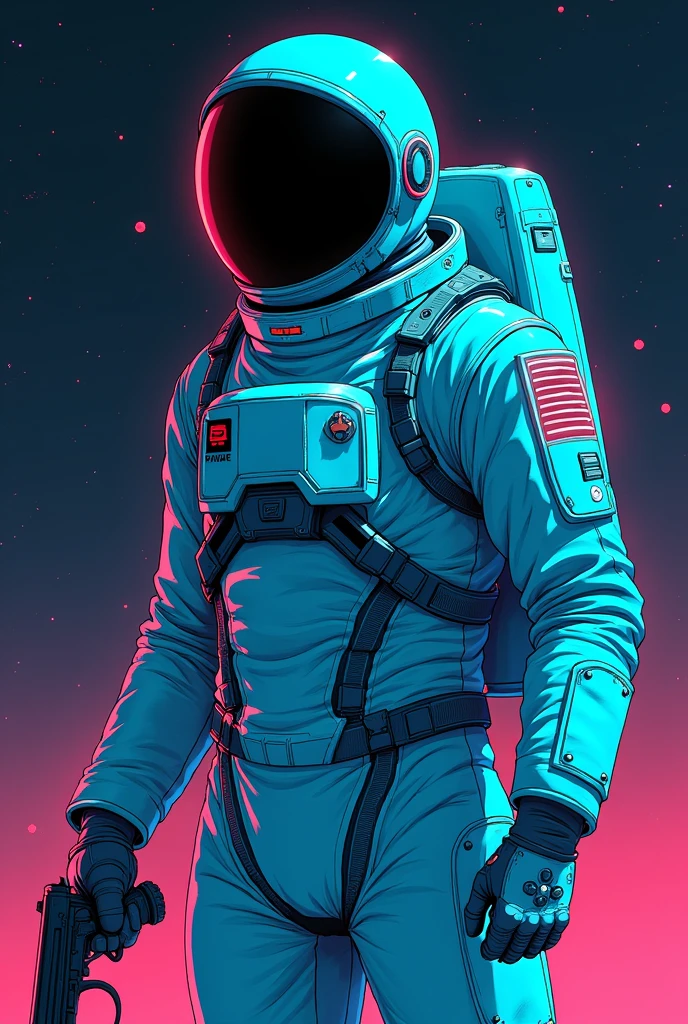 Man Astronaut with black helmet and cyan suite with a revolver full body and space background with anime style