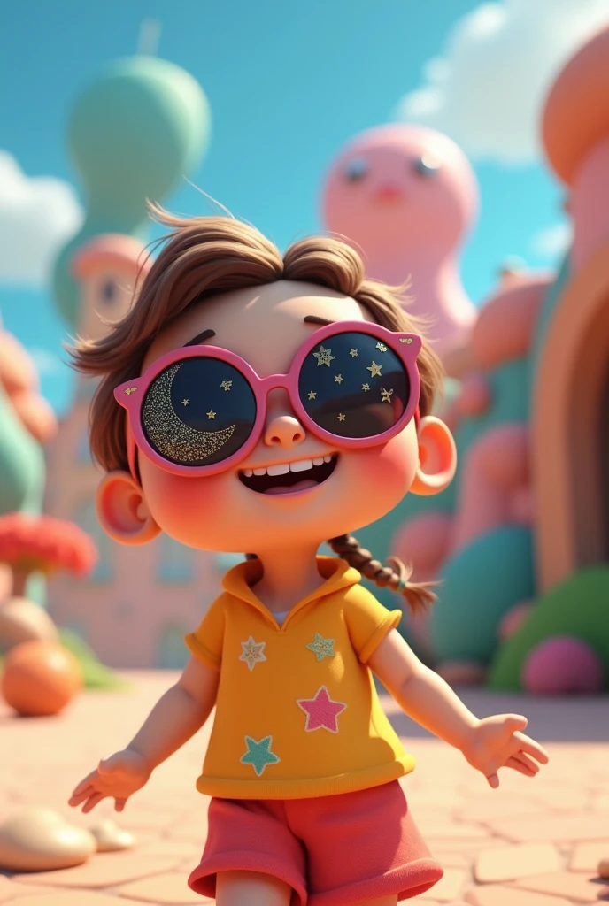 3D cartoon animation style.3The model is wearing glass sunglasses with stars and the moon on the glass.