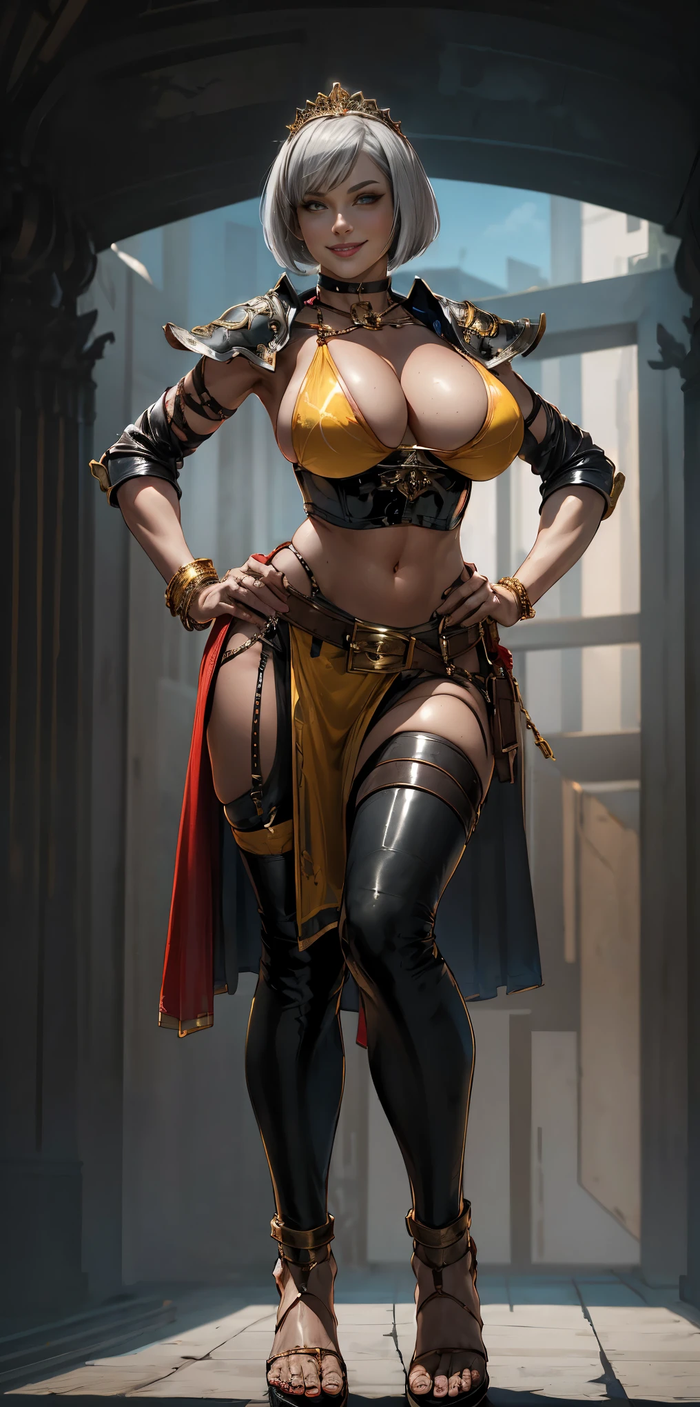 full body, whole body, solo, female, short white silver bob hair, big breast, yellow bikini, hands on hips, hands on waist, navel, lustful smirking smiling, smile red face, metal shoulders, gold sleeveless armbands, black leather choker collar, shackle bracelet, pauldrons, breastplate, leather corset, eye focus, loincloth standing, metal sandals, twin big belt, view from below, feet together, bracers, tiara