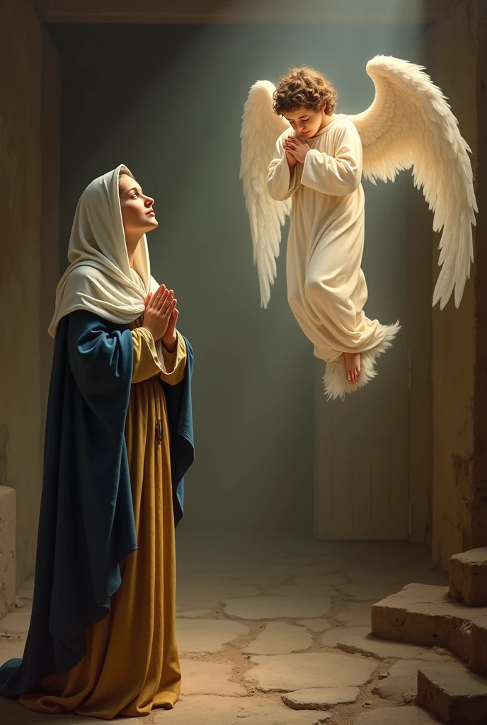 Mary responds with faith and humility to the angel Gabriel after learning that she is pregnant