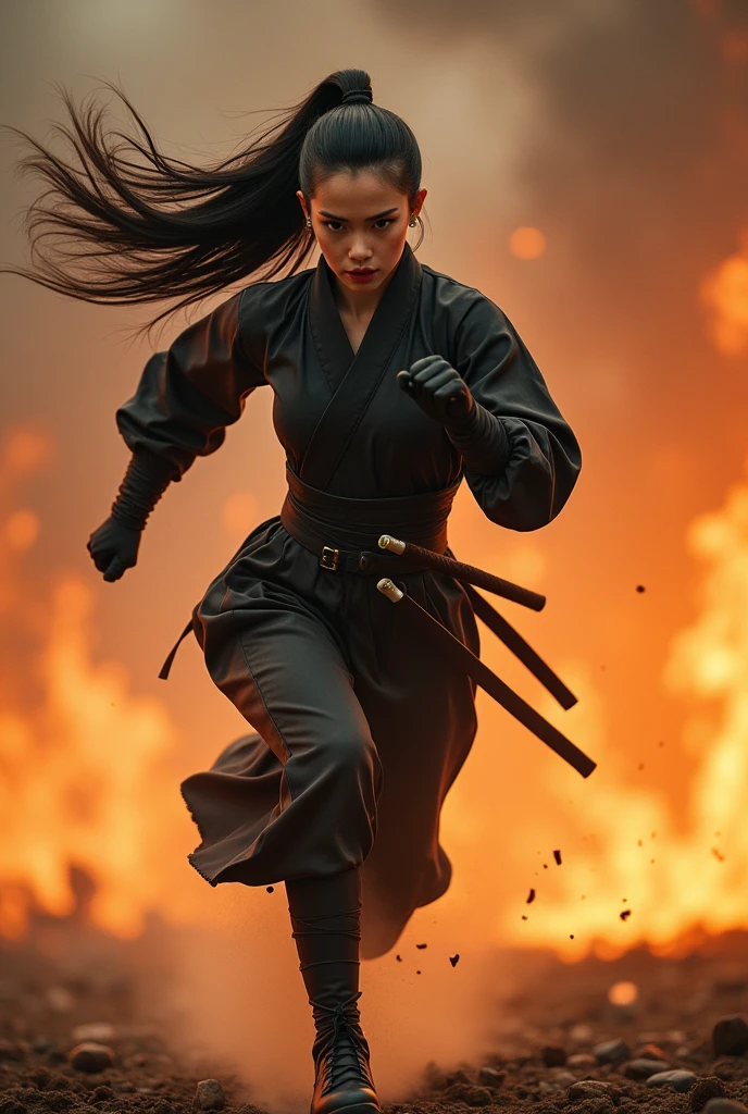 Highest quality, Realistic, Very detailed, finely, High resolution, 8k、Beautiful Japanese female ninja、Running in flames