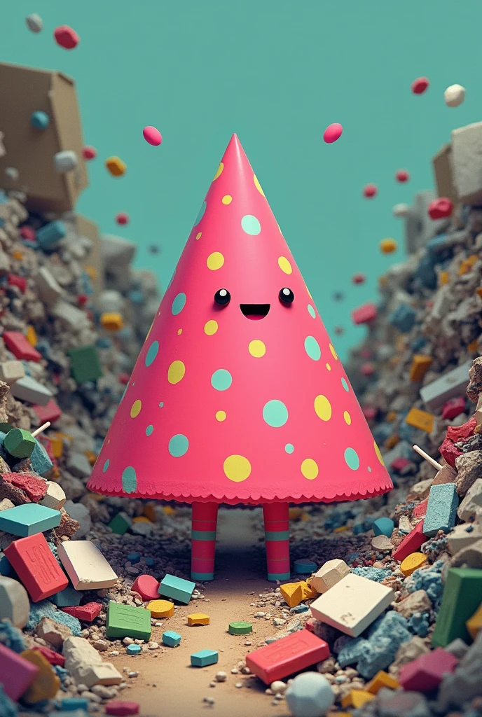 A pink triangle in a colorful polka dot dress is in a pile of garbage.