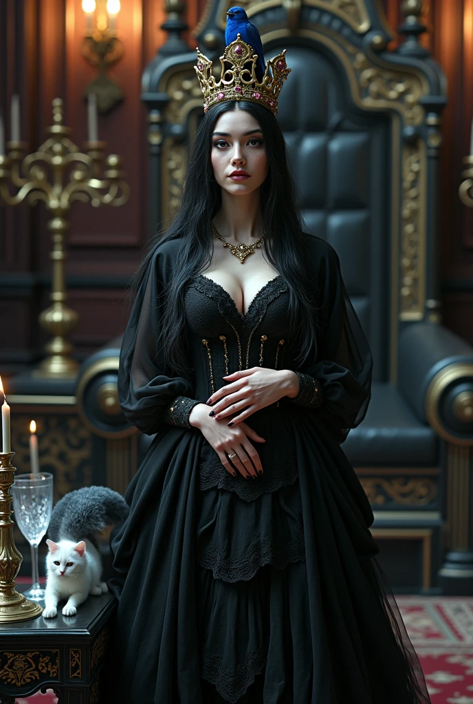 "A full-body shot of a scene in a dark medeval palace. A queen with big light-colored eyes, super long shiny blackest hair, ((Detailed face:1.2)), perfect beautiful teeth, perfect hands, five fingers on each hand, big breasts cleavage, white perfect skin, rosy cheeks, )(Best Quality) (Detailed). Wearing a layered black and gold dress with lace and shiffon. leans standing nonchalantly against a black thrown. On her head is a gold crown, adorned with pink crystals 1:1. A white cat lounges on the floor in front of her 1:1, while a blue bird perches atop the throne. The scene includes a elegant, extraordinairy beautiful gothic empress, striking a bendover pose, excited, her long black hair flowing over her shoulders. Embodying a beautiful yet disheveled gothic queen. The environment exudes a medieval fantasy vibe, with a big black intricate throne, a medeval chandelier hanging from the ceiling In a fantastic scene that uses 3D Surreal 3D model. Big gold gothic medieval five armed candlesticks sit on a blacktable, surrounded by crystal wine glasses—one tipped over and another half-full of wine. The entire setup is Best Quality, masterpiece yet regal, capturing the essence of a vampire, fantastical gothic setting, moist, Reflectors, illuminated by low lighting from right , framed with the grandeur of medieval gothic style. photographed in a Canon EOS R5, 50mm Lens, F/2.8, nffsw, (8K)"