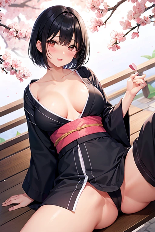 Mature、Black hair straight、short hair、Remove eye highlights、Blushing、Open your mouth、Spread your legs、yukata、Show your breasts