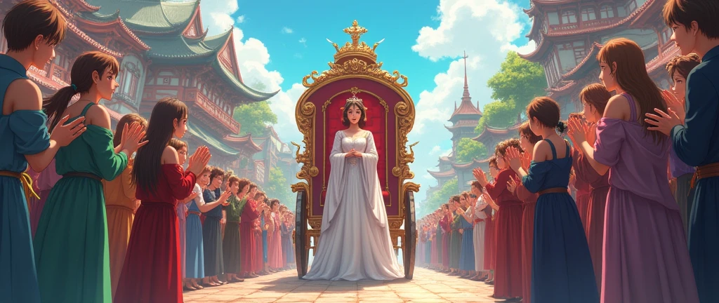 a street full of people cheering and bowing , worshipping , a chariot passing by with a princess,  facing the camera, standing at one side of the street, a crowd cheering on the side of the street, anime style , anime background, fantasy style, 