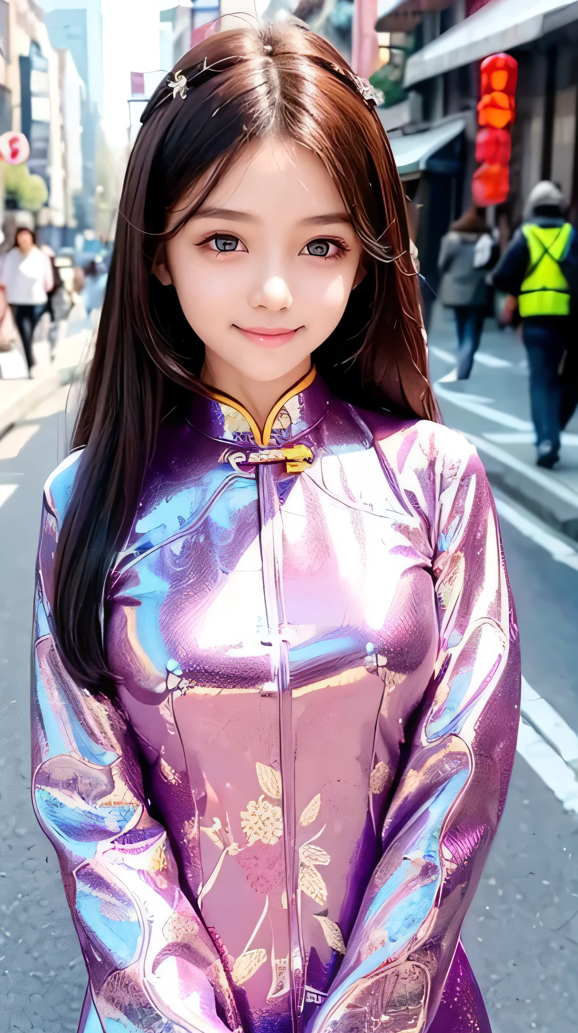 (Very beautiful  cute girl), (very  cute face:1.2),, (sparking crystal clear attractive large eyes), beautiful detailed eyes, Detailed double eyelids, (smiling), (realistic photograph:1.2), long straight hair,Super shiny metallic gorgeous vivid colored latex long sleeves cheongsam, chinese phoenix pattern design cheongsam, Costume lighting,in the street