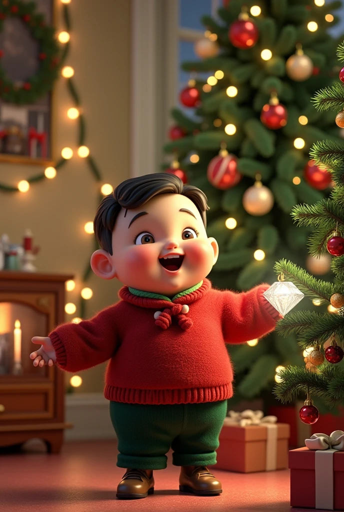 Draw me a picture , chubby boy holding diamond decorating christmas tree