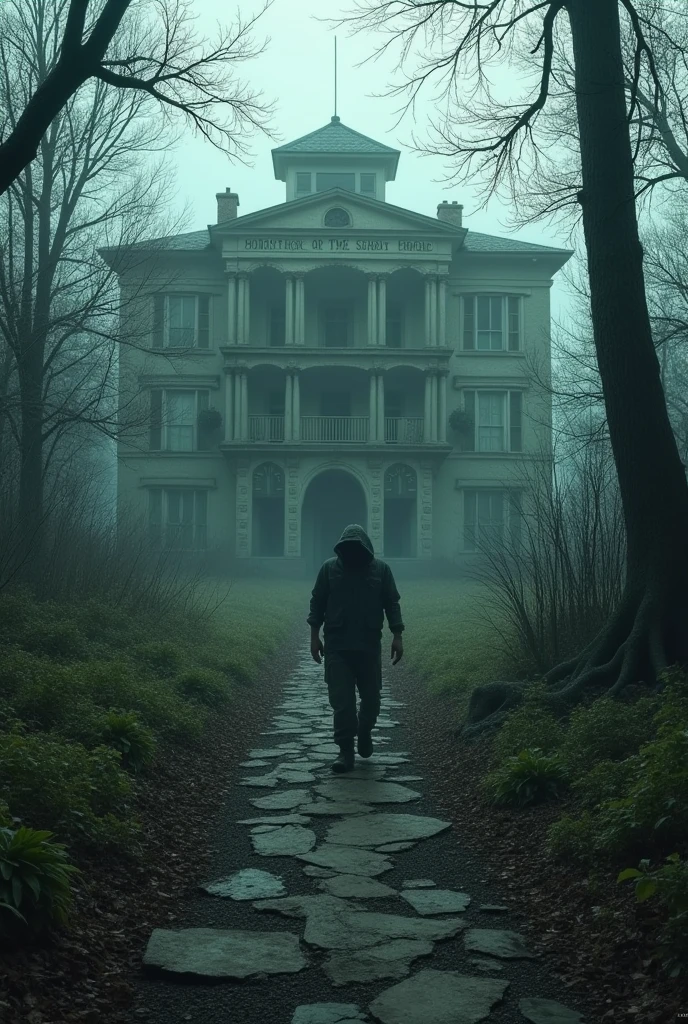 Abandoned hospital outside, man leaving