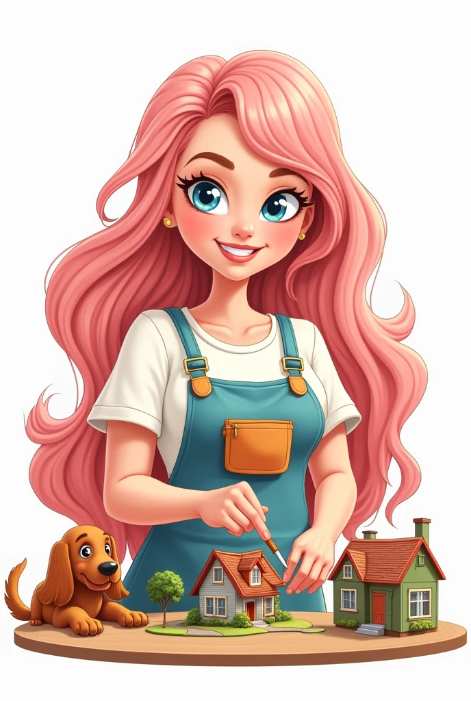draw basic style, vector line art. Create avatar of  curvy craftswoman girl, very beautiful upper body. Long light pink hair, blue eyes, wide smile, white t-shirt with apron. She is hugged with a charming red irish setter dog. in the table, working with mini houses dioramas. Specific art, fanart, candy color, white background, clipart illustration, simple art, cartoon 2D, no shading, PNG, front view, close up